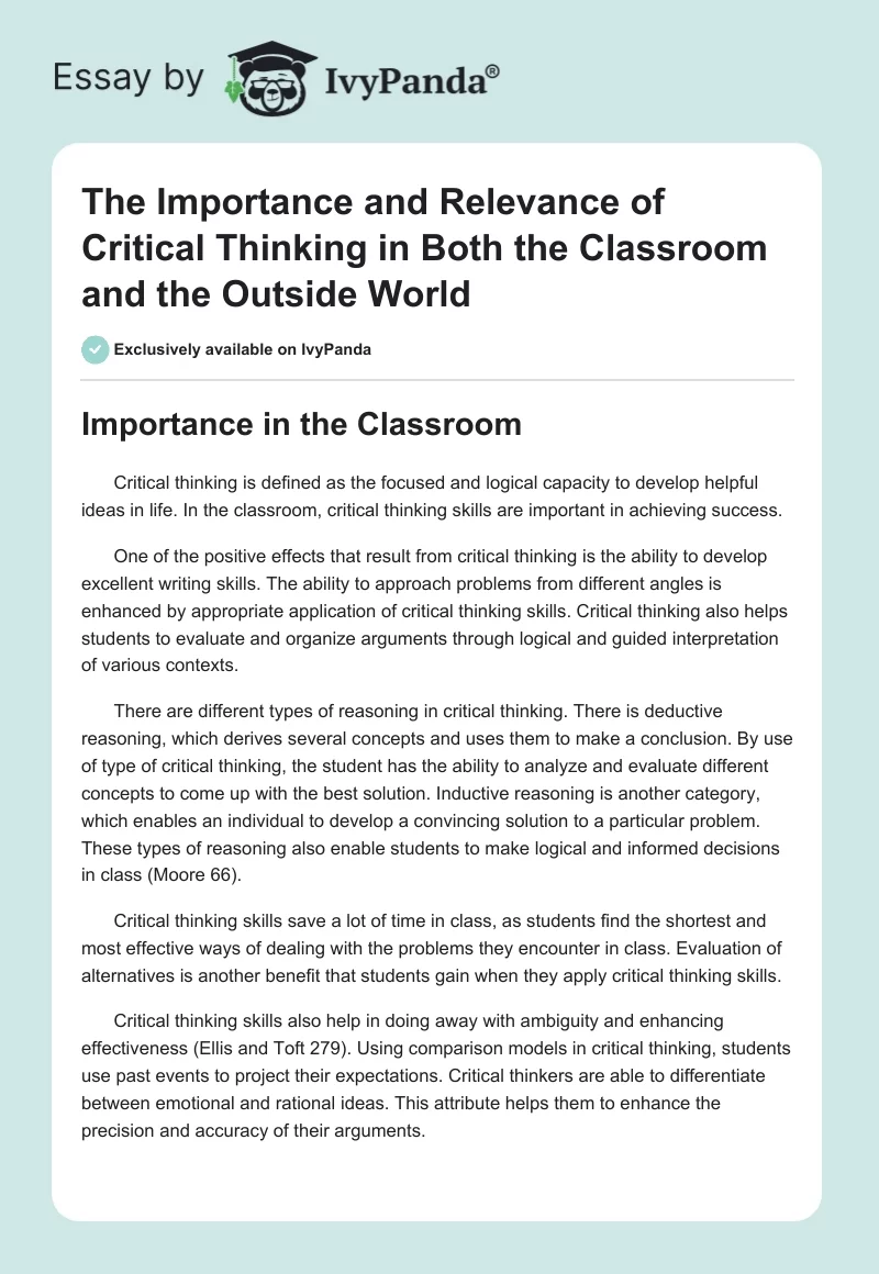 The Importance and Relevance of Critical Thinking in Both the Classroom and the Outside World. Page 1