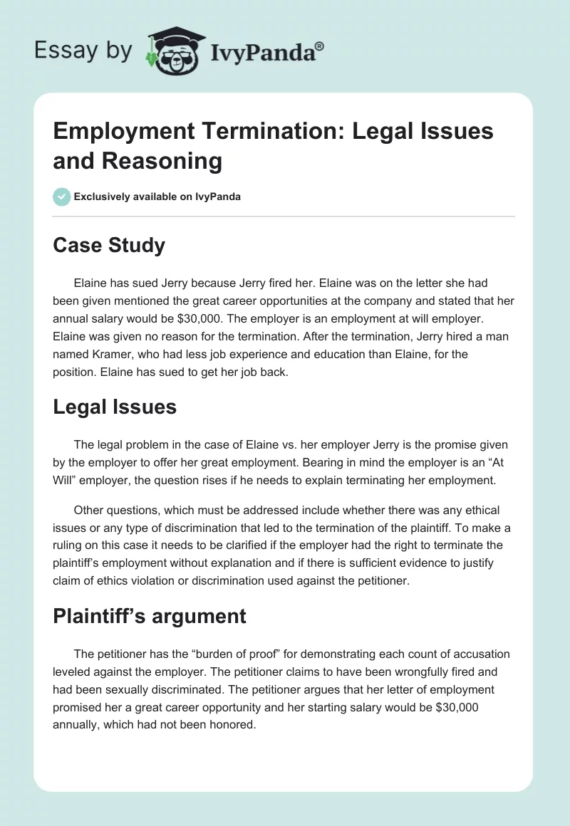 Employment Termination: Legal Issues and Reasoning. Page 1