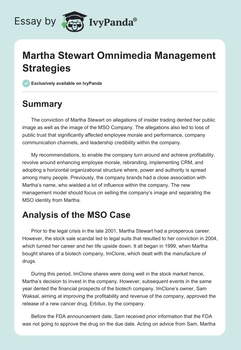 Martha Stewart Omnimedia Management Strategies. Page 1