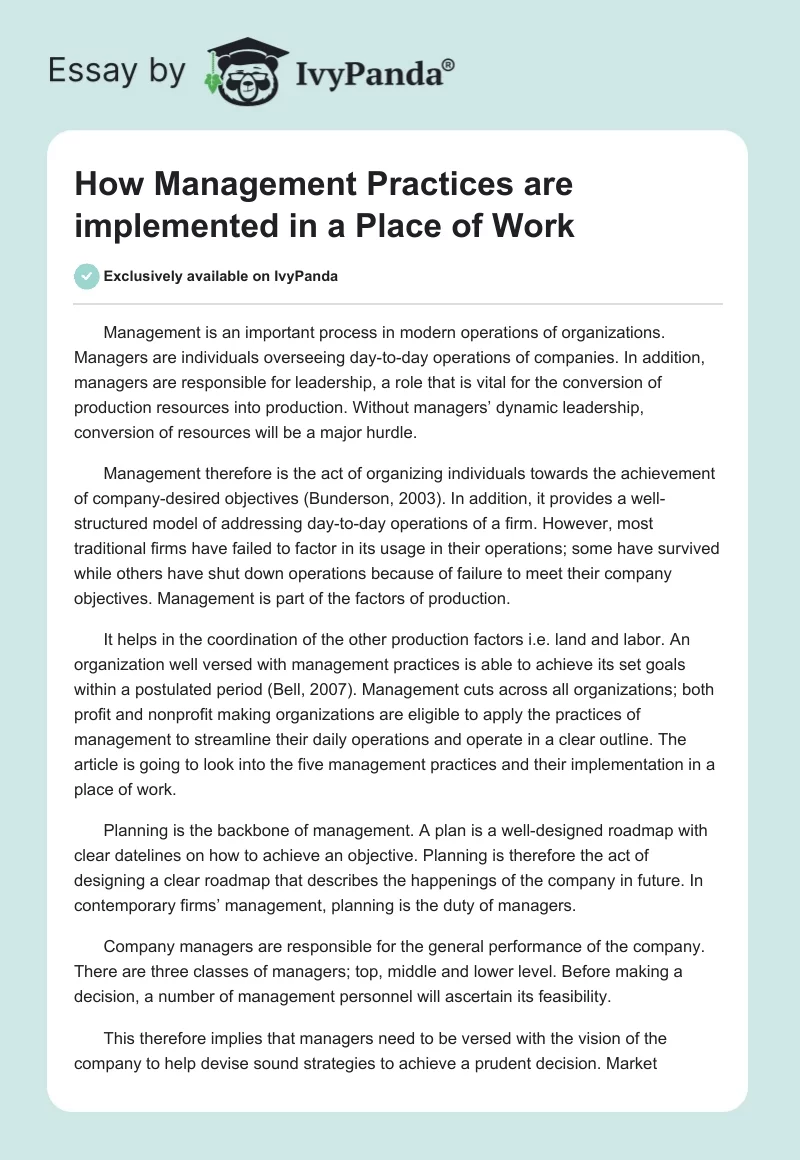 How Management Practices are implemented in a Place of Work. Page 1
