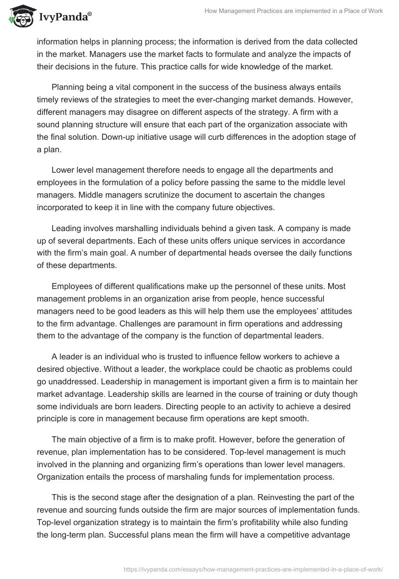 How Management Practices are implemented in a Place of Work. Page 2