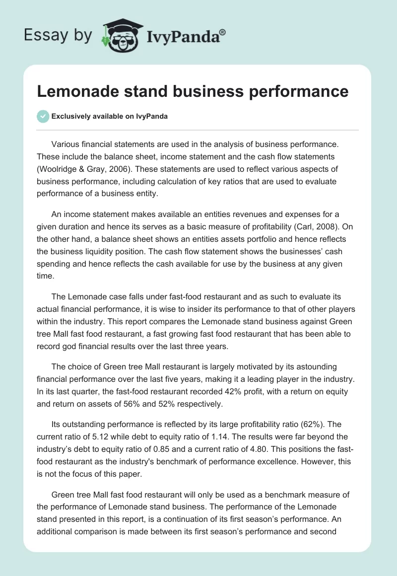 Lemonade Stand Business Performance. Page 1