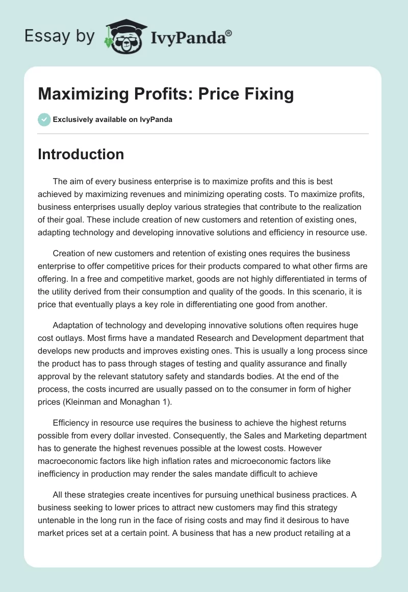 Maximizing Profits: Price Fixing. Page 1