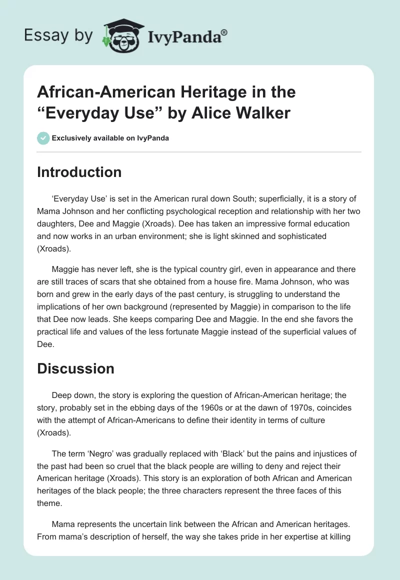 African-American Heritage in the “Everyday Use” by Alice Walker. Page 1
