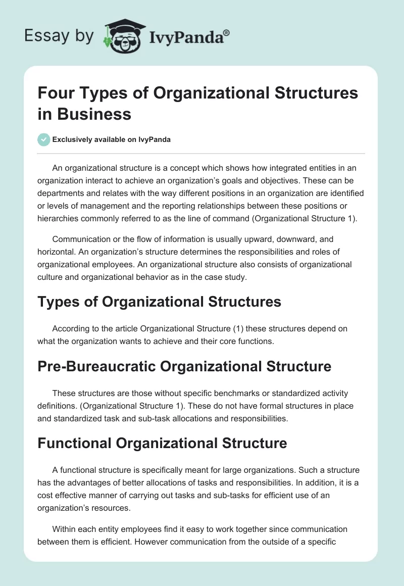 Four Types of Organizational Structures in Business. Page 1
