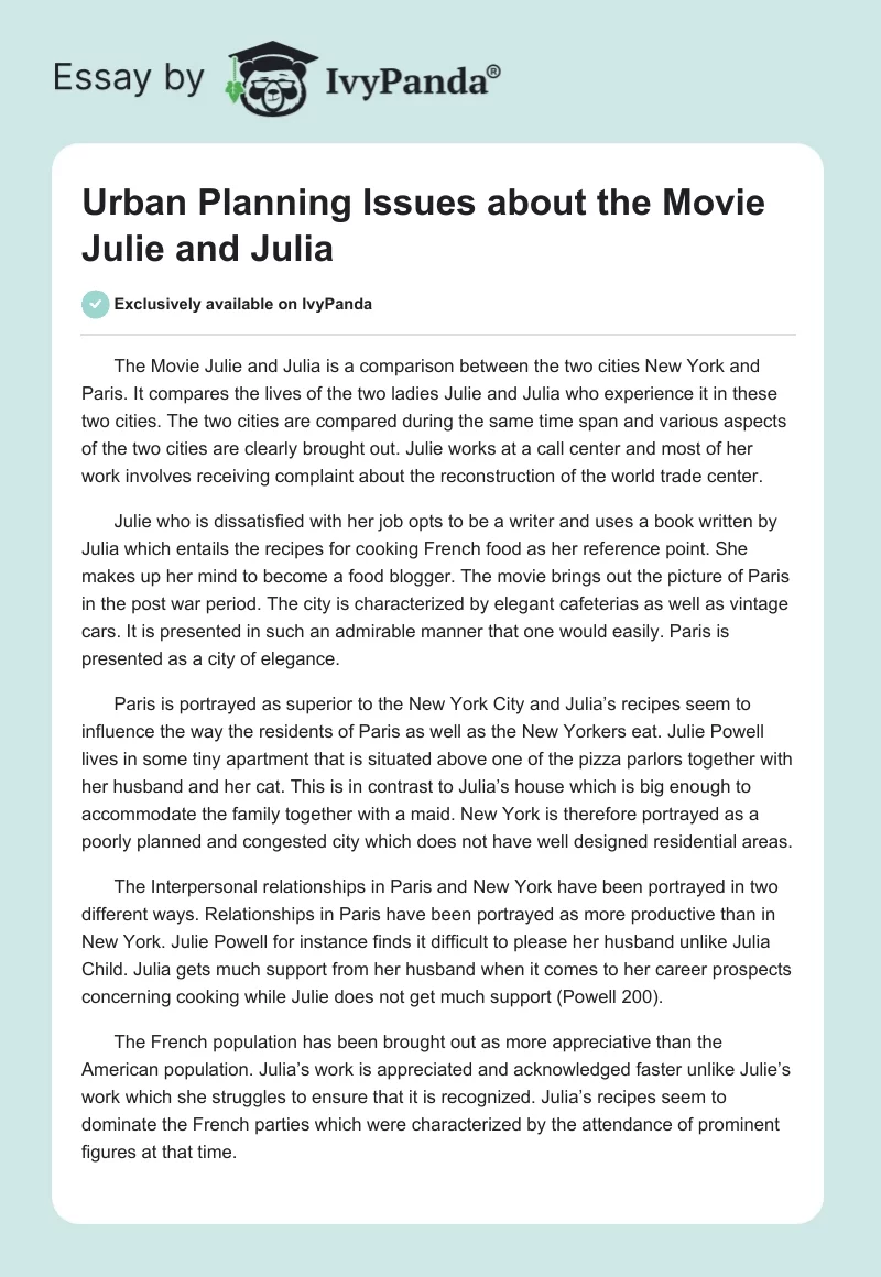 Urban Planning Issues About the Movie "Julie and Julia". Page 1