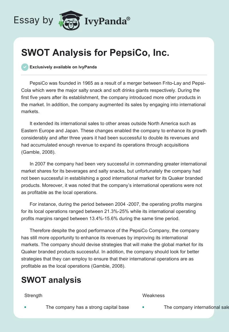 SWOT Analysis for PepsiCo, Inc.. Page 1