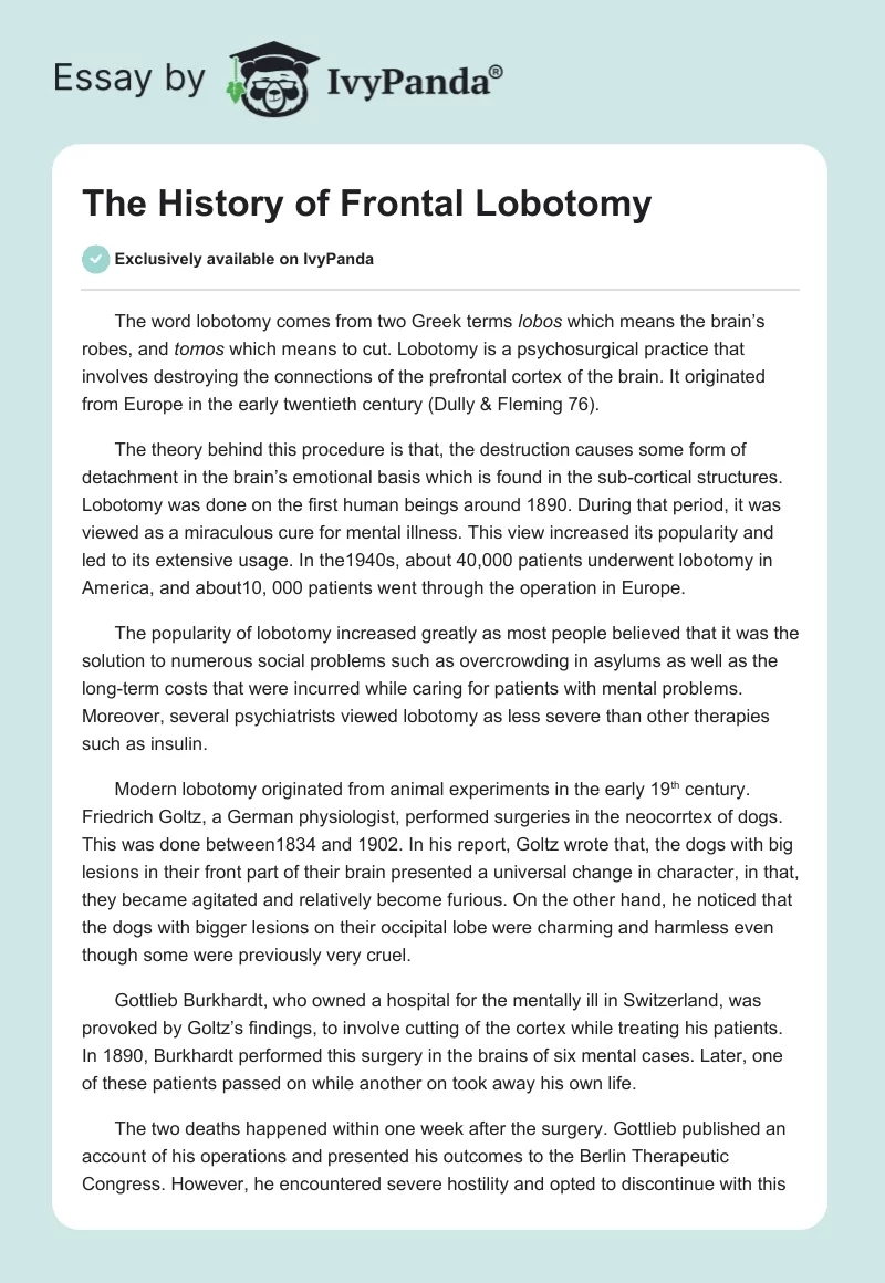 The History of Frontal Lobotomy. Page 1