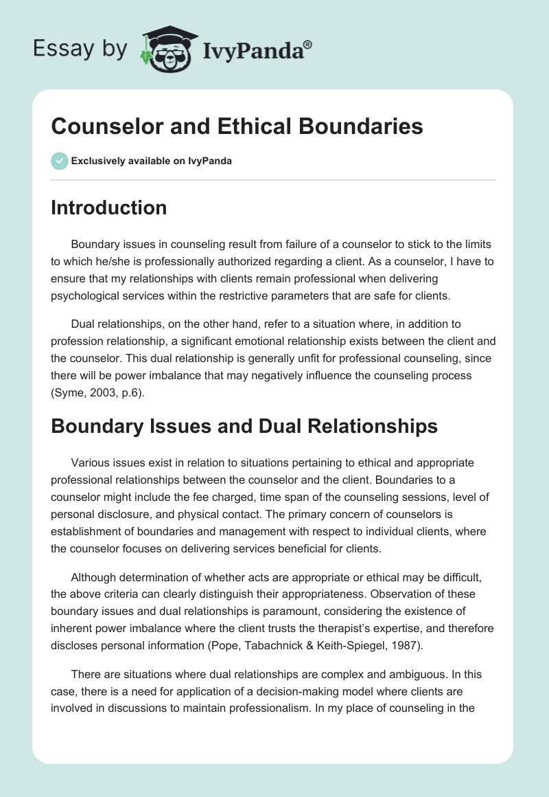 Counselor and Ethical Boundaries. Page 1