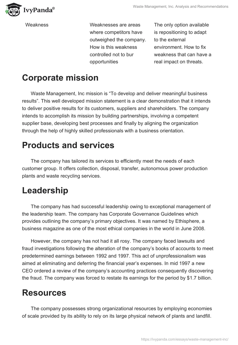 Waste Management, Inc. Analysis and Recommendations. Page 5
