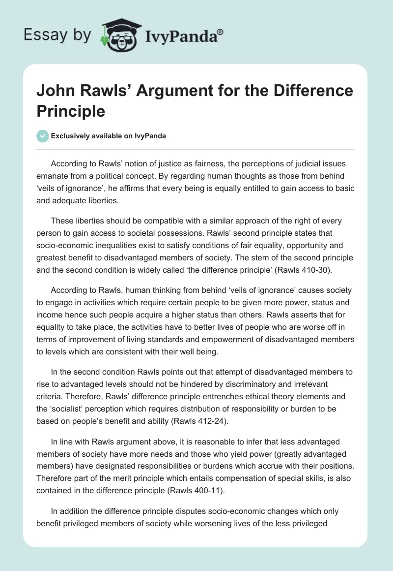 John Rawls’ Argument for the Difference Principle. Page 1
