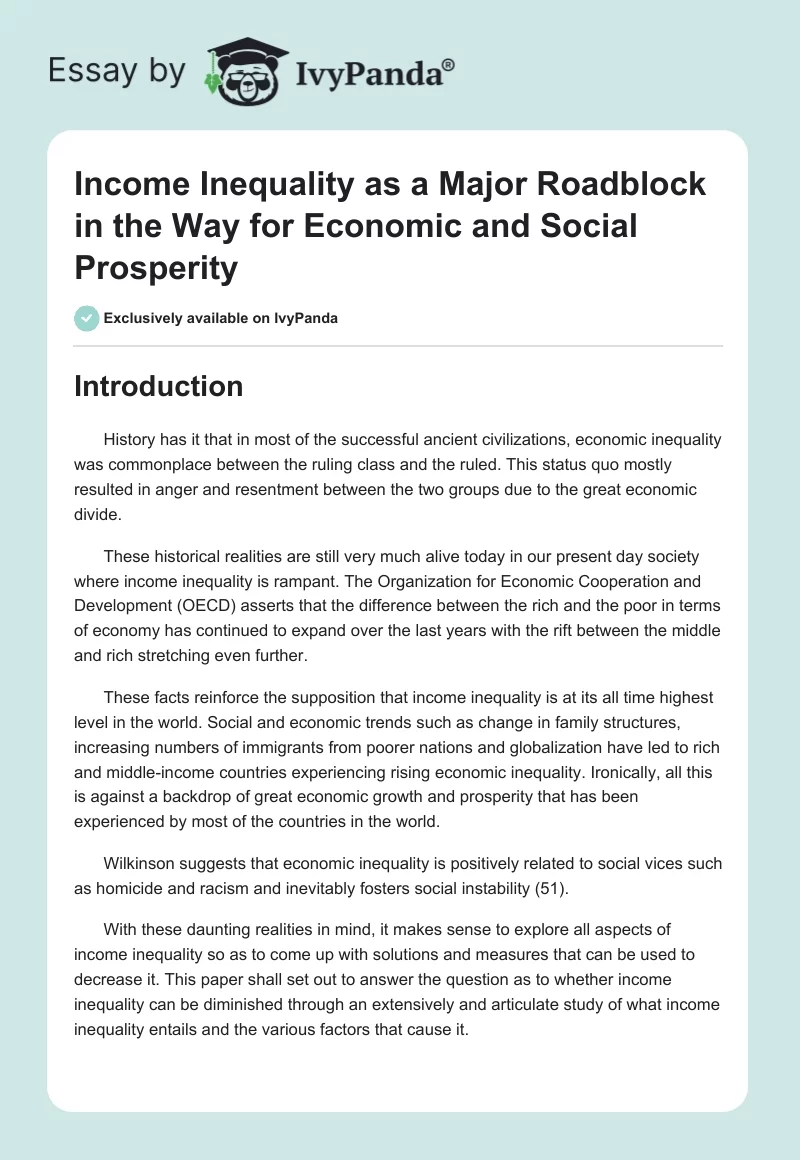 Income Inequality as a Major Roadblock in the Way for Economic and Social Prosperity. Page 1
