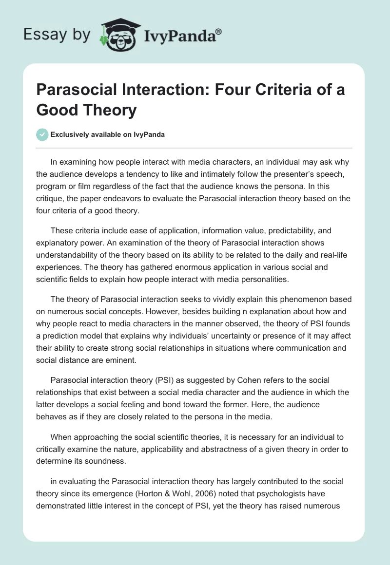 Parasocial Interaction: Four Criteria of a Good Theory. Page 1