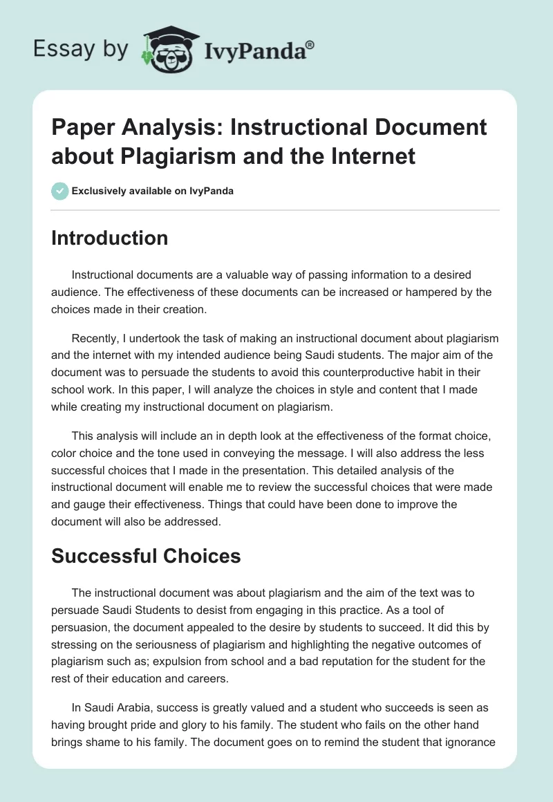 Paper Analysis: Instructional Document about Plagiarism and the Internet. Page 1