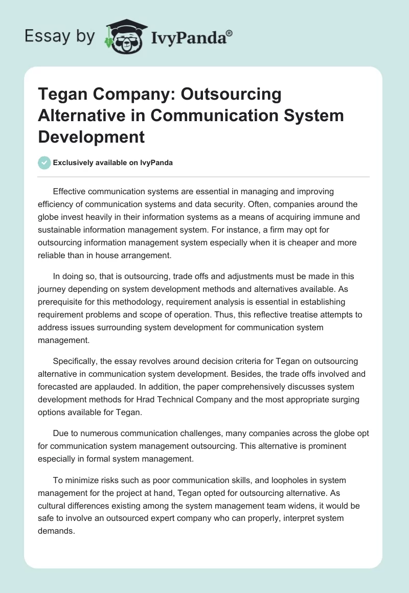 Tegan Company: Outsourcing Alternative in Communication System Development. Page 1