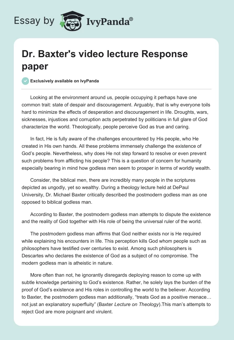 Dr. Baxter's video lecture Response paper. Page 1