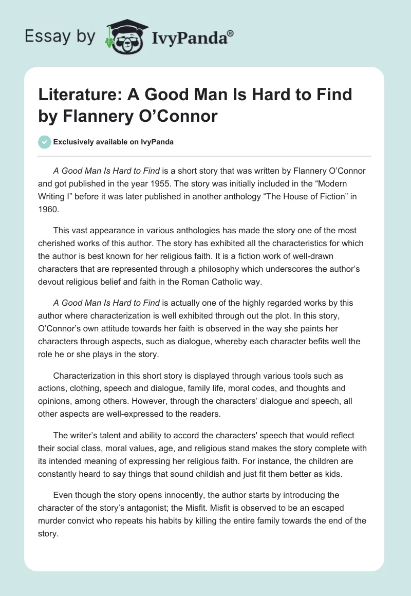 Literature: A Good Man Is Hard to Find by Flannery O’Connor. Page 1
