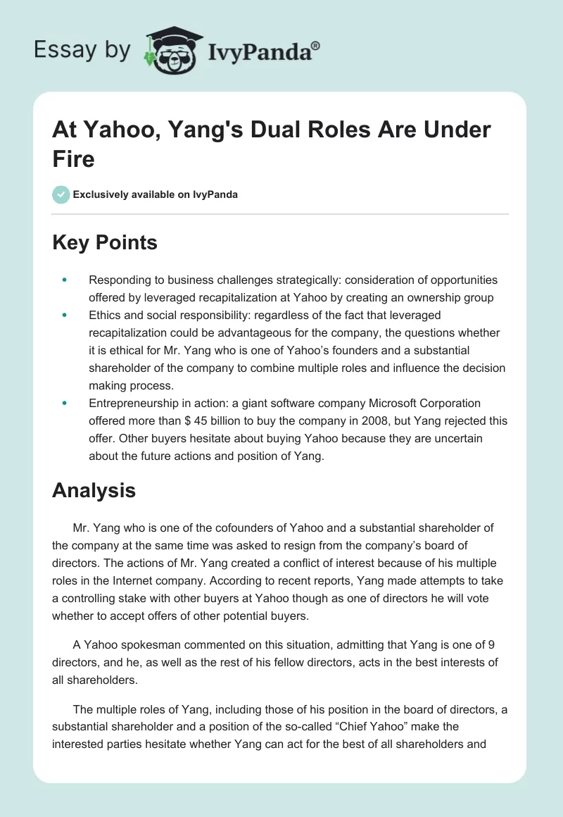 At Yahoo, Yang's Dual Roles Are Under Fire. Page 1