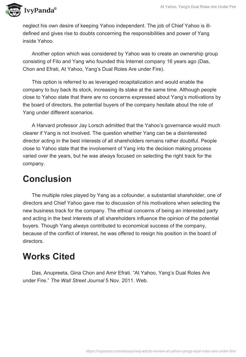 At Yahoo, Yang's Dual Roles Are Under Fire. Page 2