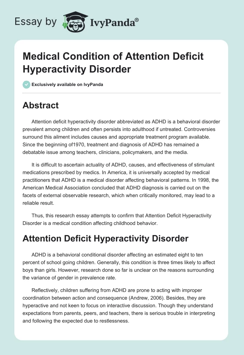 Medical Condition of Attention Deficit Hyperactivity Disorder. Page 1