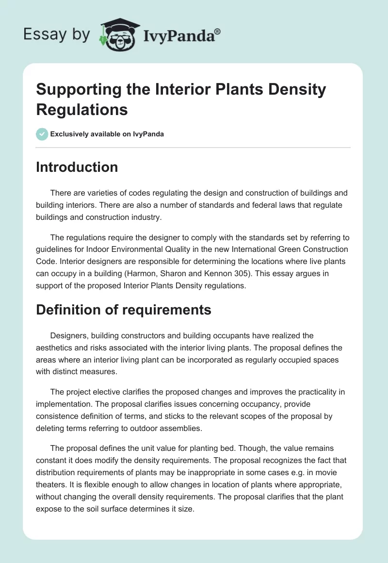 Supporting the Interior Plants Density Regulations. Page 1