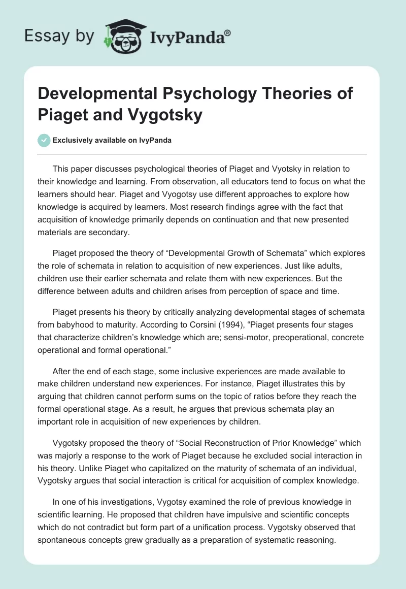Developmental Psychology Theories of Piaget and Vygotsky. Page 1