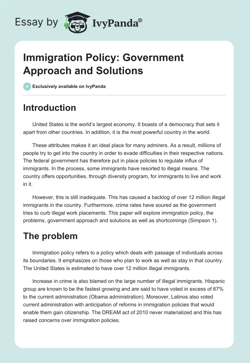 Immigration Policy: Government Approach and Solutions. Page 1