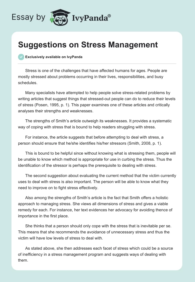 Suggestions on Stress Management. Page 1