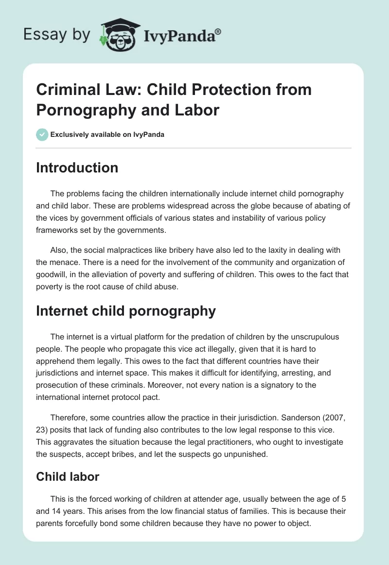 Criminal Law: Child Protection from Pornography and Labor. Page 1