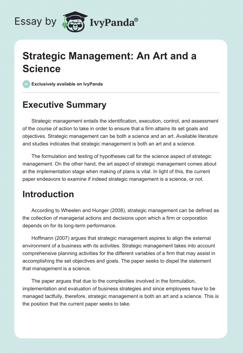 Strategic Management: An Art and a Science. Page 1