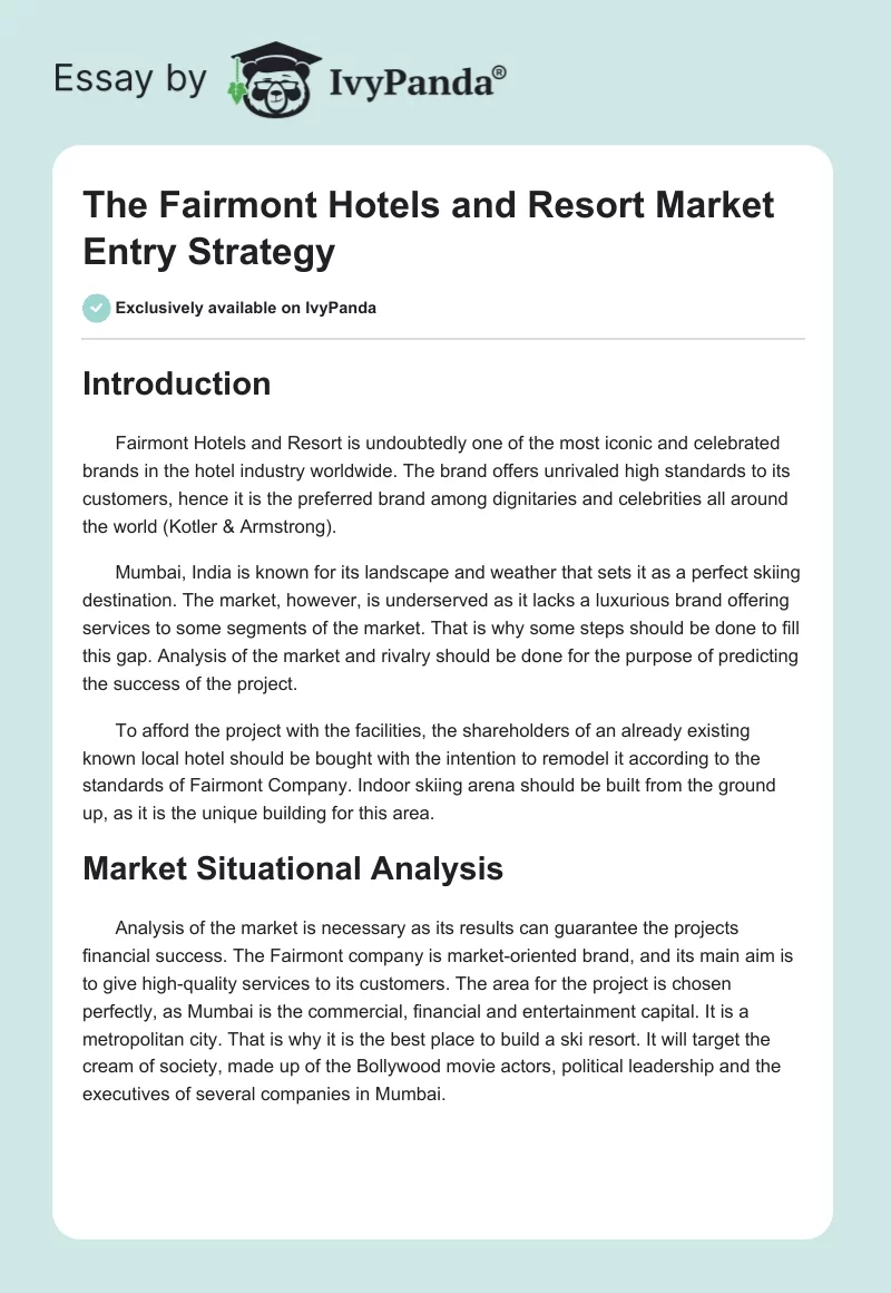 The Fairmont Hotels and Resort Market Entry Strategy. Page 1