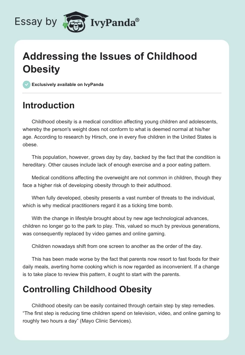 Addressing the Issues of Childhood Obesity. Page 1