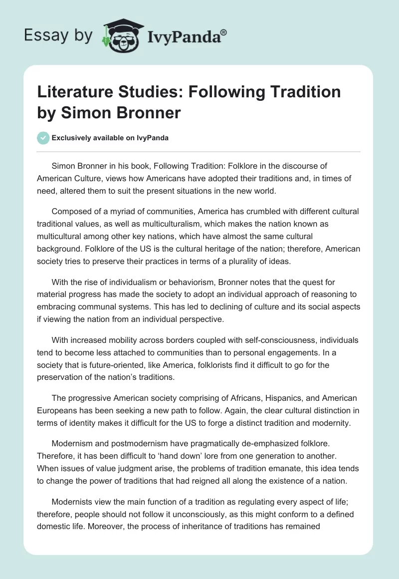 Literature Studies: "Following Tradition" by Simon Bronner. Page 1
