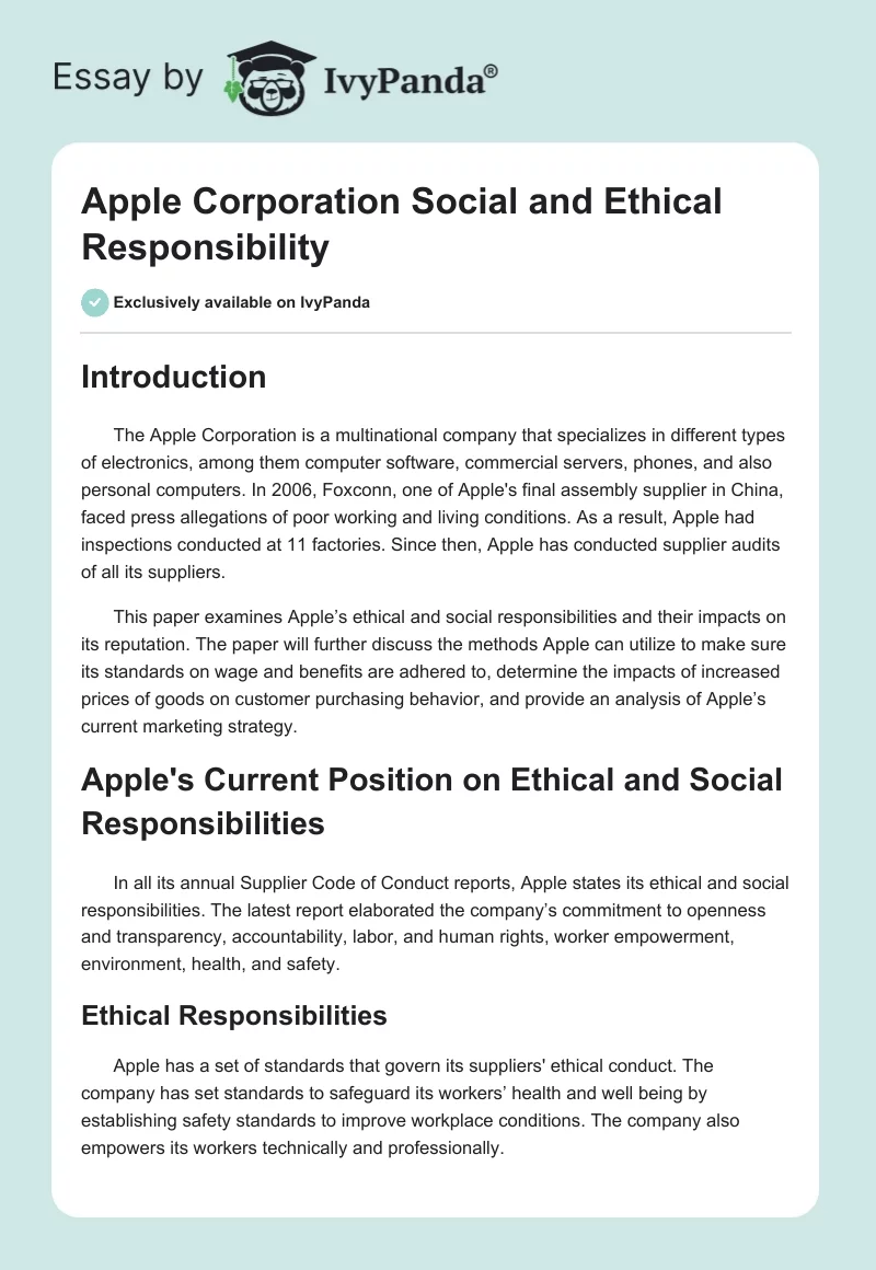 Apple Corporation Social and Ethical Responsibility. Page 1