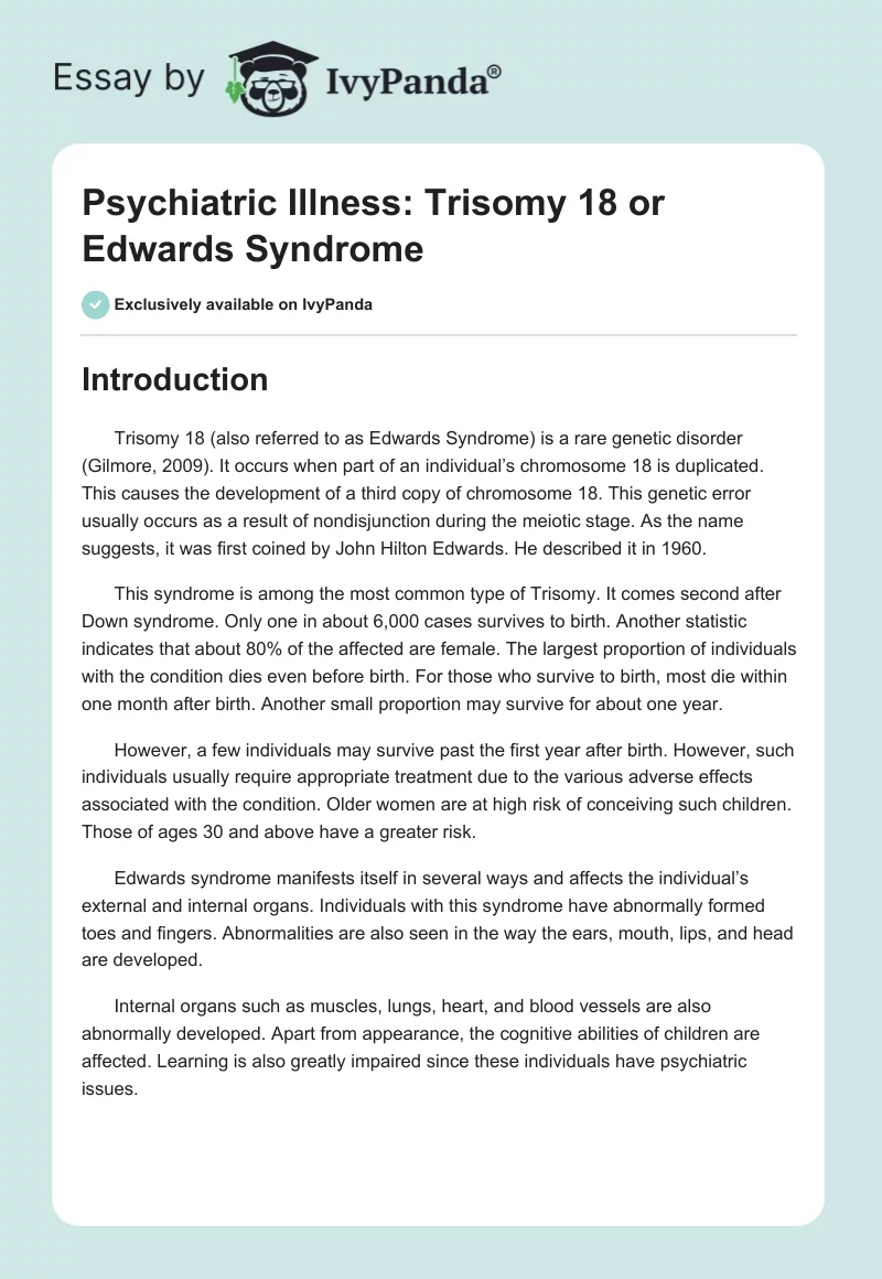 Psychiatric Illness: Trisomy 18 or Edwards Syndrome. Page 1