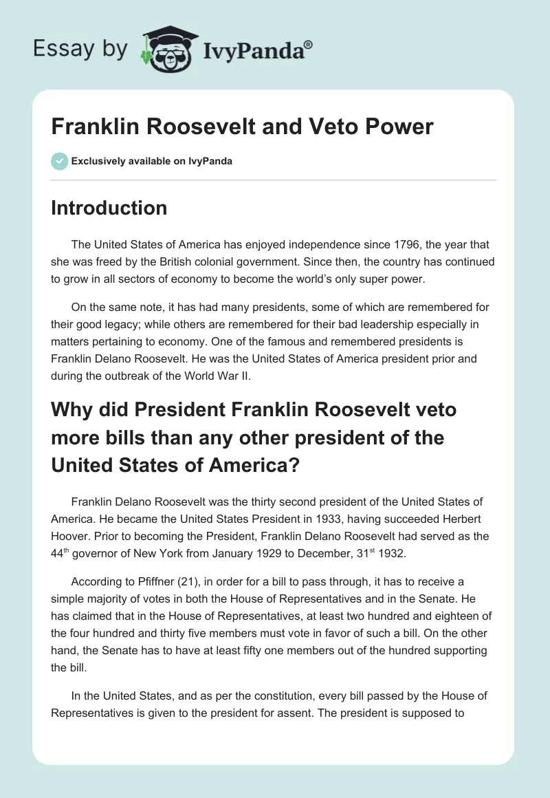 Franklin Roosevelt and Veto Power. Page 1