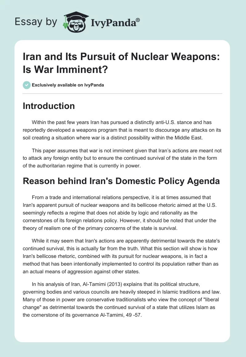 Iran and Its Pursuit of Nuclear Weapons: Is War Imminent?. Page 1