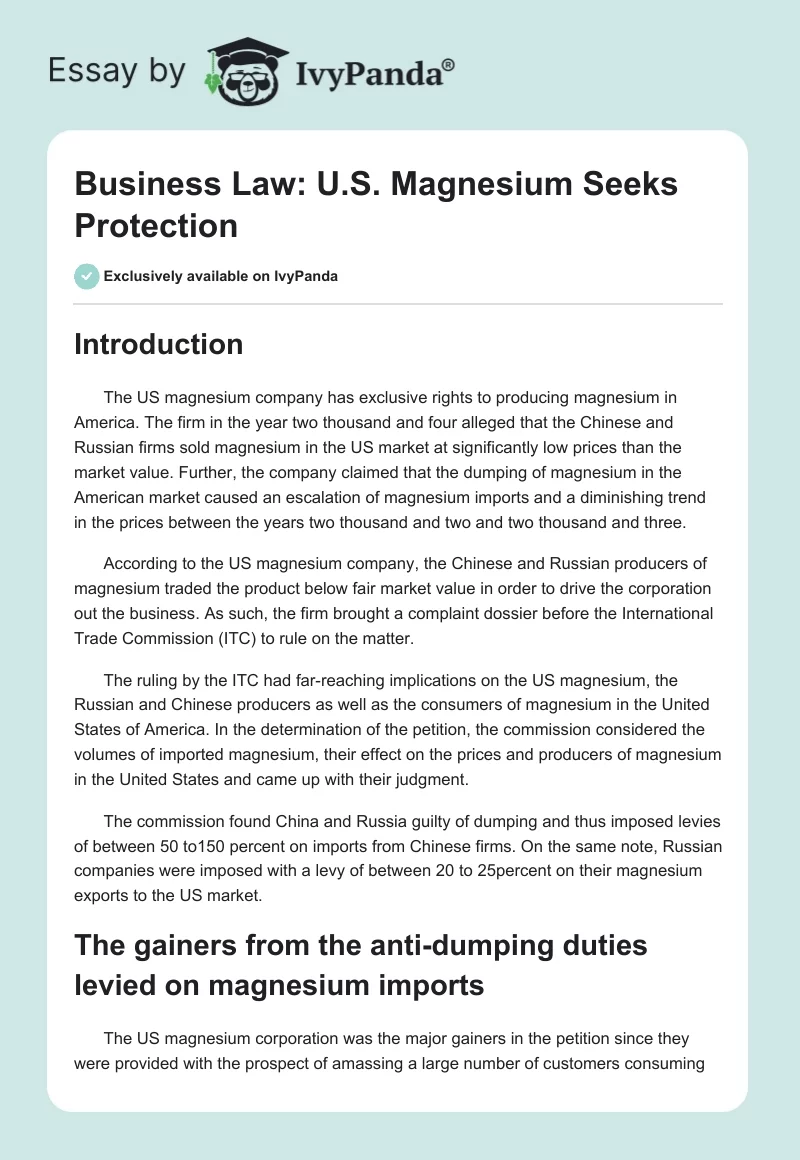 Business Law: U.S. Magnesium Seeks Protection. Page 1