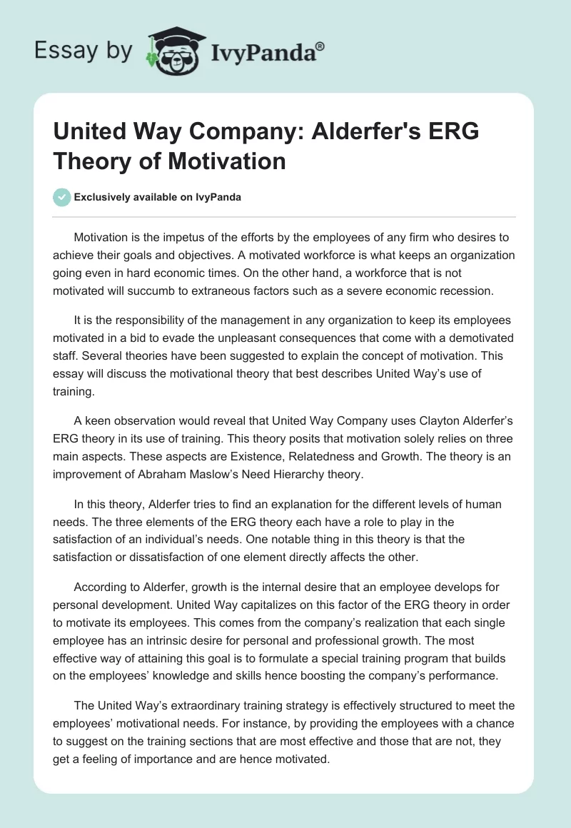 United Way Company: Alderfer's ERG Theory of Motivation. Page 1