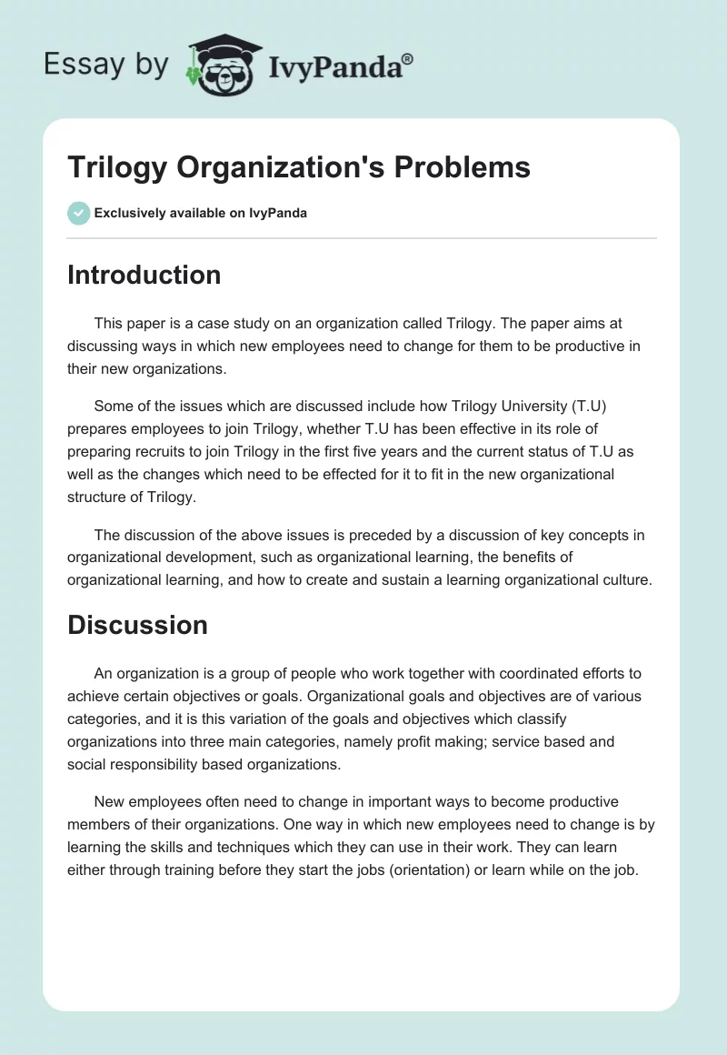 "Trilogy" Organization's Problems. Page 1