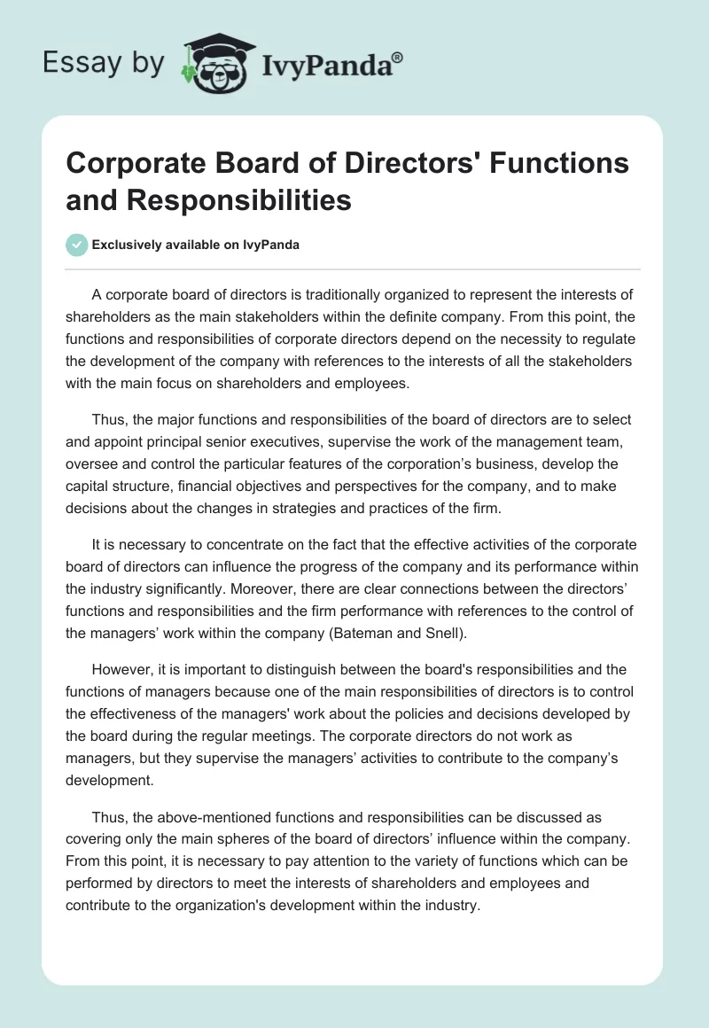 Corporate Board of Directors' Functions and Responsibilities. Page 1