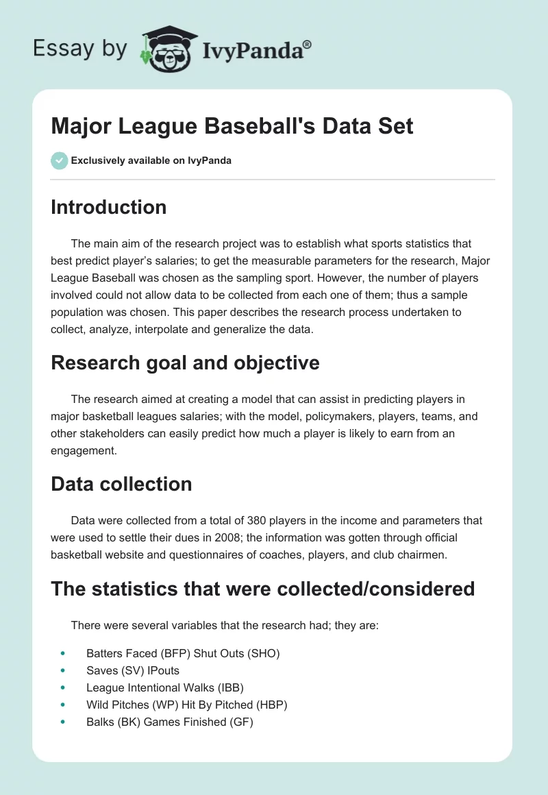 Major League Baseball's Data Set. Page 1