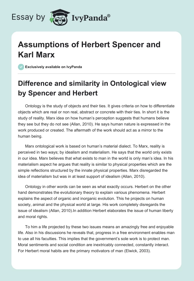 Assumptions of Herbert Spencer and Karl Marx. Page 1