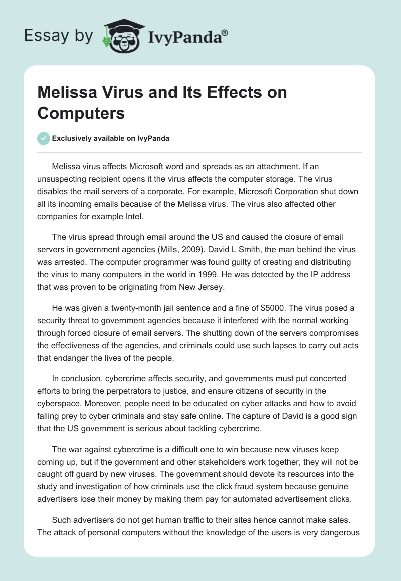 Melissa Virus and Its Effects on Computers. Page 1