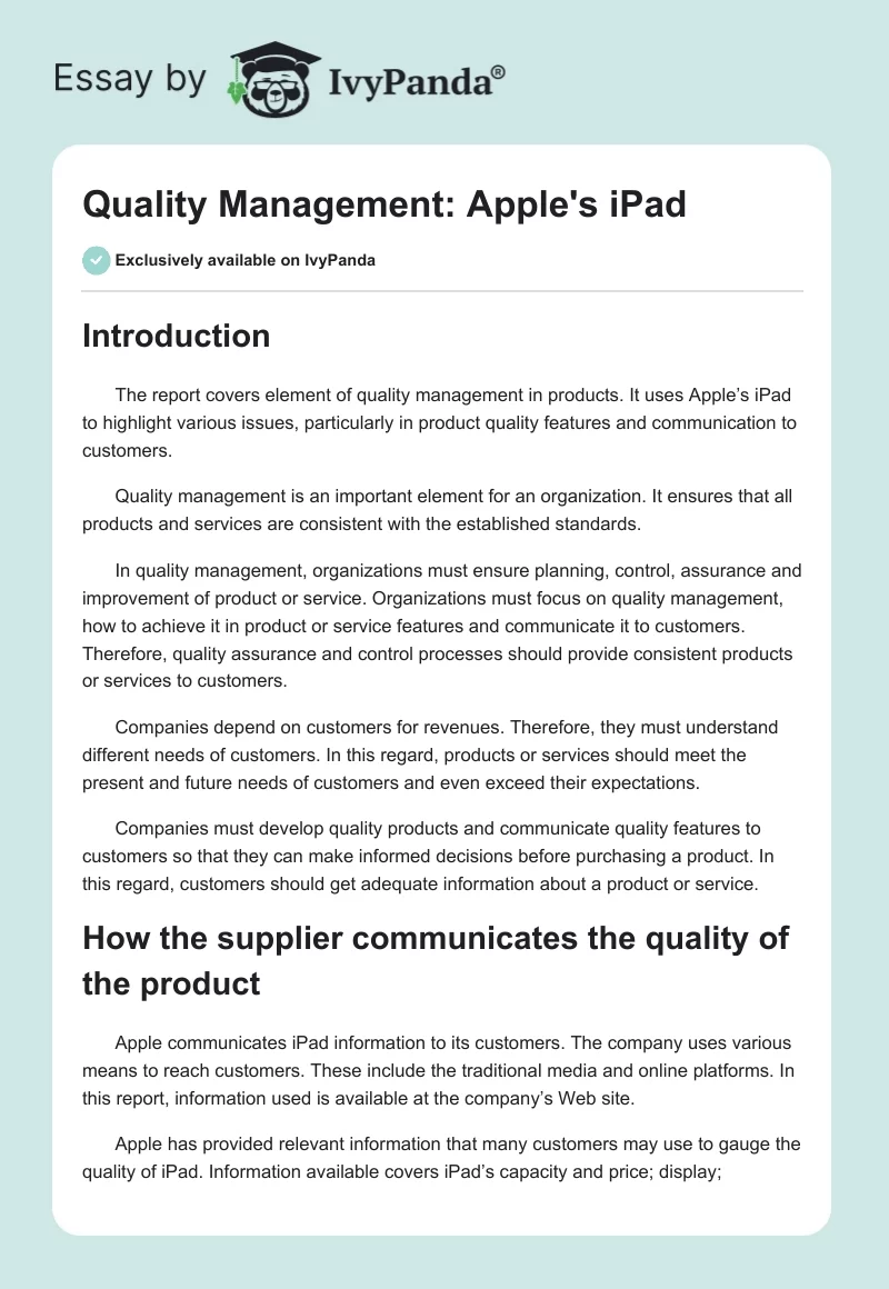 Quality Management: Apple's iPad. Page 1