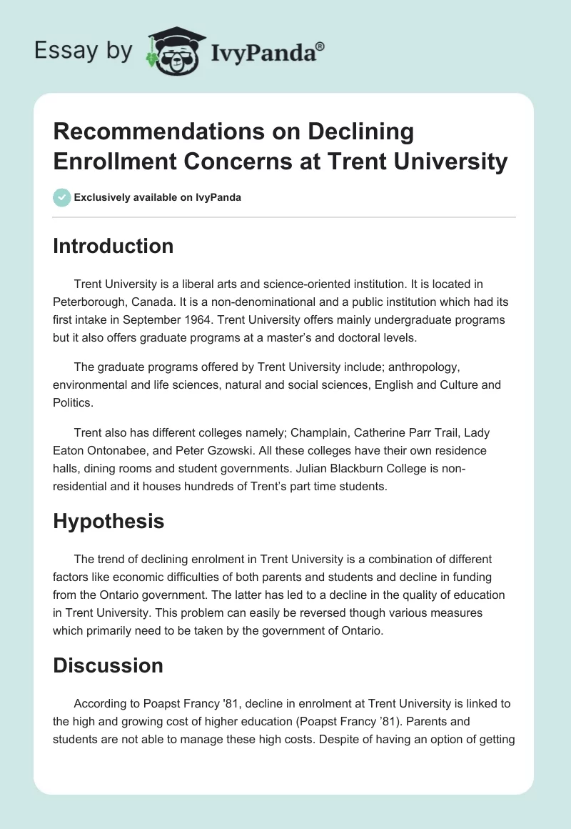 Recommendations on Declining Enrollment Concerns at Trent University. Page 1