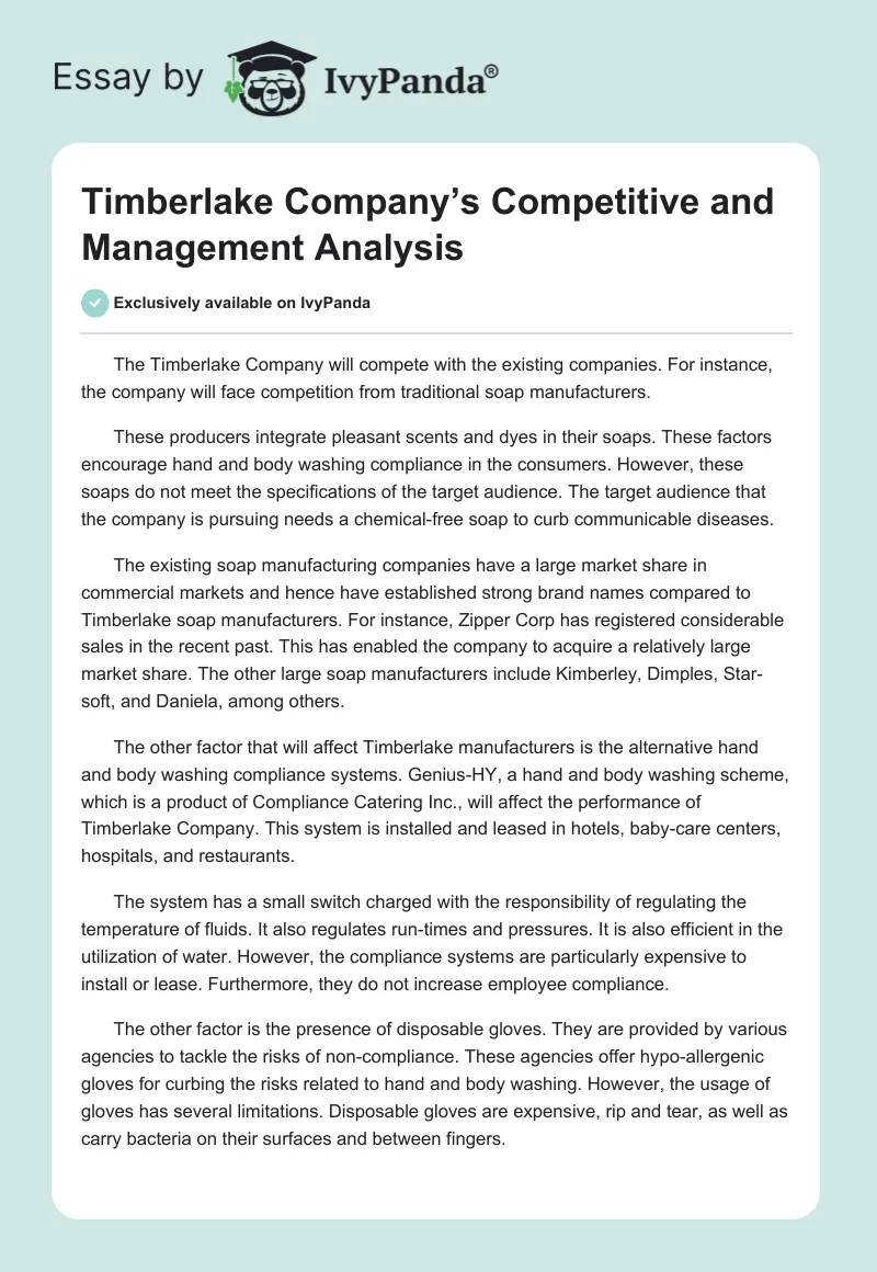 Timberlake Company’s Competitive and Management Analysis. Page 1