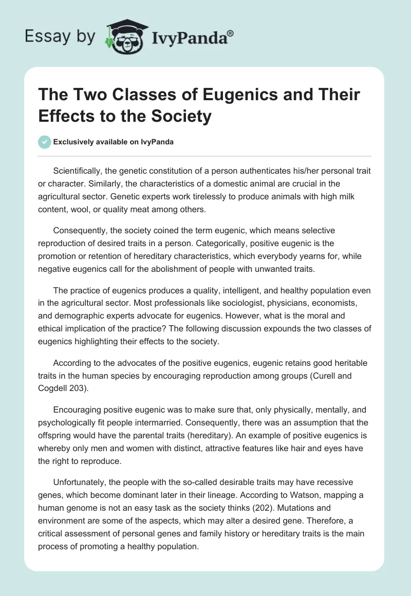 The Two Classes of Eugenics and Their Effects to the Society. Page 1