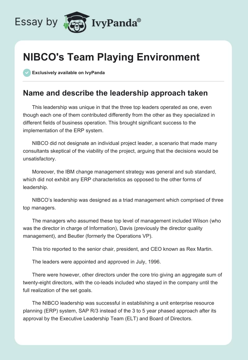 NIBCO's Team Playing Environment. Page 1