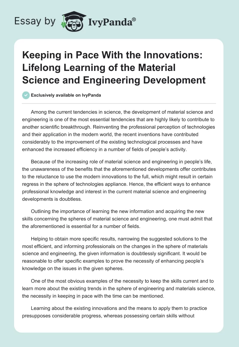 Keeping in Pace With the Innovations: Lifelong Learning of the Material Science and Engineering Development. Page 1